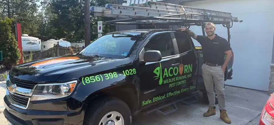 Acorn Wildlife truck on a South Jersey job, ladder-equipped for roof-level chimney cap installs