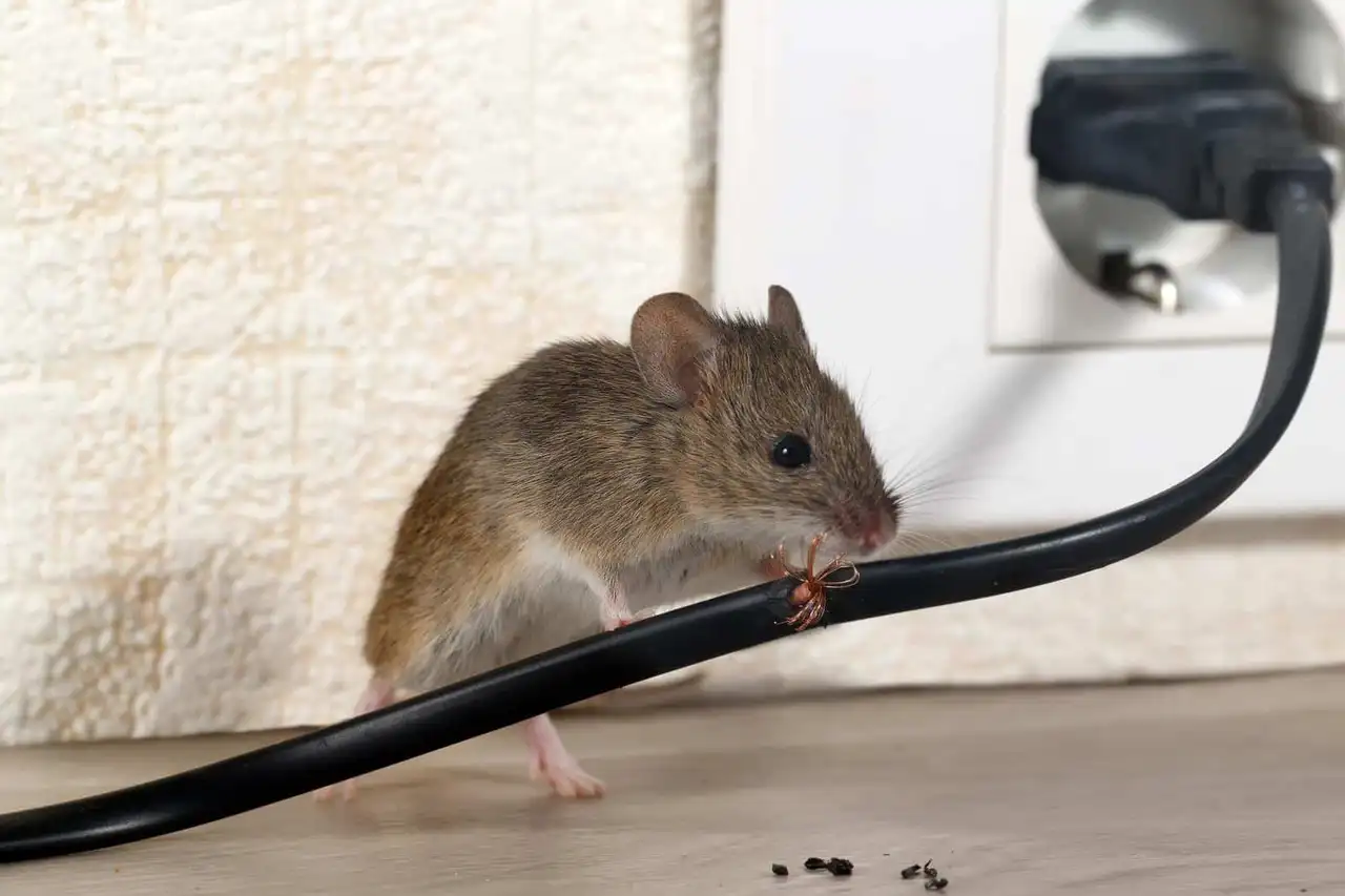 A mouse travelling a wire, with droppings below